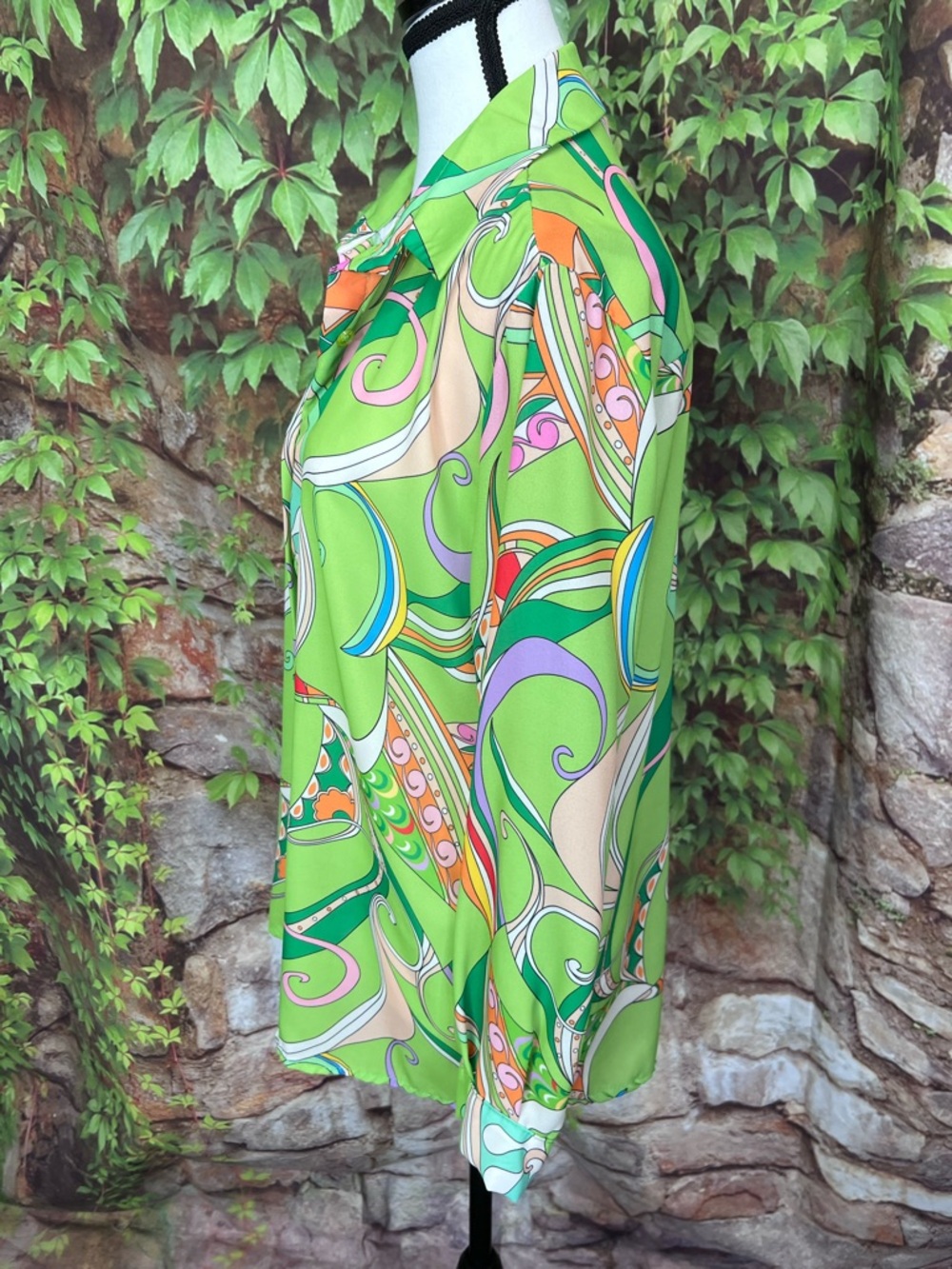NEW COLLECTION Green Mod Print Button Print Blouse, L* - Picture 5 of 11